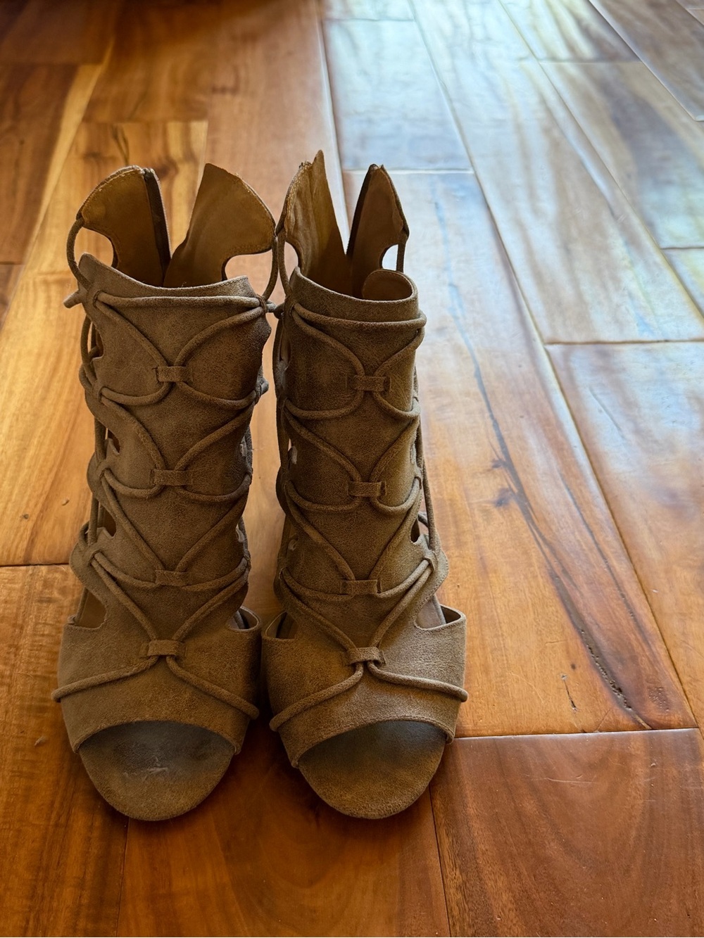 Qupid Taupe Suede Lace-Up Peep-Toe Heels